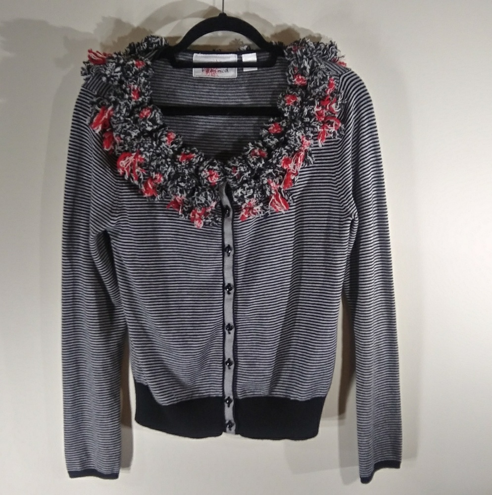 Karen Nicol Anthropologie Striped Pompom Sweater M